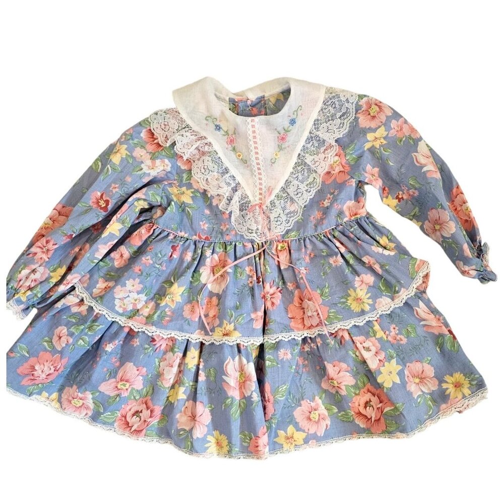 Vintage 80s Girls‎ 3T Party Dress Blue Longsleeve Lace Flowers Layered Tiered